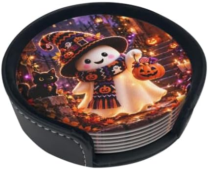 Halloween Ghost and Pumpkin Coasters with Holder Leather Coasters for Drinks Set of 6 Funny Halloween Drink Coasters Sets for Living Room Kitchen Coffee Bar Holiday Decor