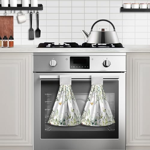 Eucalyptus Leaves Green Hanging Kitchen Towels Flowers Butterfly Hand Towels with Hanging Loop Sage Leaf Summer Dish Towel Washcloth Soft Tie Towel for Bath Kitchen