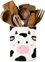 Cute Cow Utensil Holder, Cute Animals Ceramic Kitchen Utensil Holder, Utensil Crock for Home Kitchen Countertop Storage Organizer Container, Large Holder for Spatulas, Spoons, Kitchen Counter Decor 6"