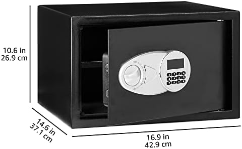 Amazon Basics Steel Security Safe and Lock Box with Digital Keypad, Easy to Use, Removable Shelf, Secure Cash, Jewelry, Documents, Black, 1.2 Cubic Feet, 16.9-x-14.6-x-10.6-inches (WxDxH)