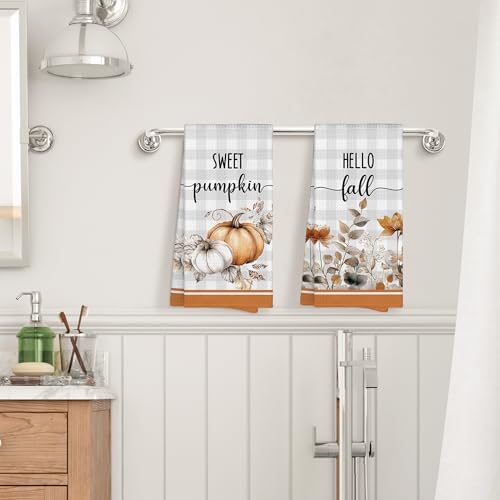 Fall Pumpkin Floral Plaid Kitchen Towels Decorative 16x24 Set of 2, Hello Fall Dish Towels Cloths Dishcloths Tea Towel Gifts for Women, Farmhouse Flowers Bathroom Kitchen Hand Towel Decor - Image 4
