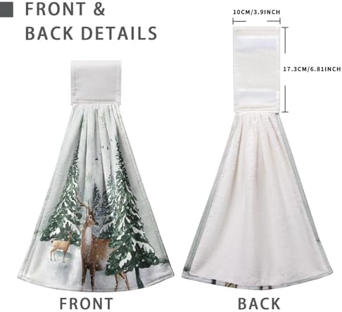 Winter Deer Hand Towels with Hanging Loop Pine Tree Snowflake Tie Towel 2Pcs Snow Hanging Kitchen Towels Decorative Tea Towel Soft Absorbent Washcloth for Home Bathroom Decor
