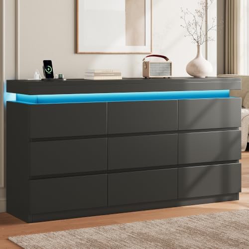 9 Drawer Dresser with LED Lights and Charging Station, Modern Black Dresser