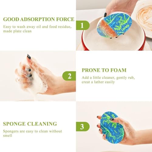 Dish Sponge 3Pcs Kitchen Sponges Non-Scratch Soft Expandable Washing Dishes Stain Odor Resistant Cellulose Sponges Packs for Dish Bathroom Household Dinosaur Skeletons Green Blue - Image 4