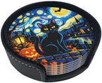 Halloween Pumpkin and Black Cat Coasters with Holder Leather Coasters for Drinks Set of 6 Funny Halloween Drink Coasters Sets for Living Room Kitchen Coffee Bar Holiday Decor