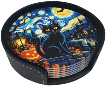 Halloween Pumpkin and Black Cat Coasters with Holder Leather Coasters for Drinks Set of 6 Funny Halloween Drink Coasters Sets for Living Room Kitchen Coffee Bar Holiday Decor