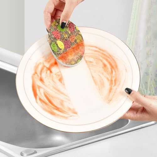 Autumn Colorful Leaves Dish Scrub Sponges Kitchen Fall Non Scratch Reusable Compressed Cellulose Sponge Hanging for Household Cleaning Washing Dishes Pots and Pans 3 Pack - Image 6