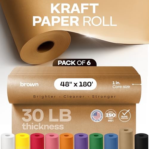 Brown Kraft Paper Roll 48" x 2160" (180 feet), Pack of 6 - USA-Made Brown Wrapping Paper 30lb Thickness for Packing, Moving, Shipping, Crafts/Arts - 100% Recycled Natural Material by IDL Packaging