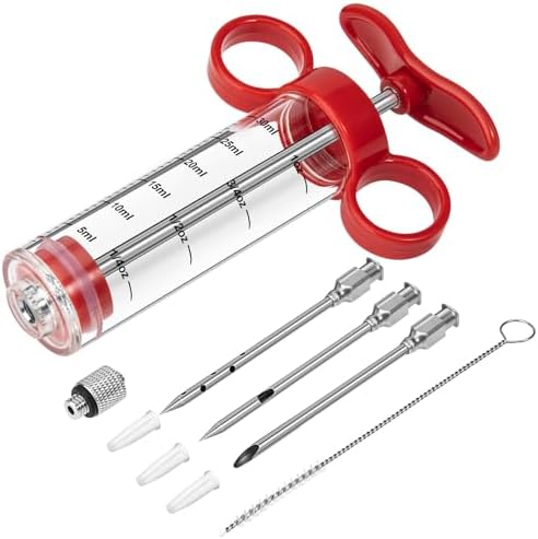 Kingsmile Meat Injector, Turkey Injector Syringe - 3 Needles for BBQ Grill, 1oz Meat Injector Syringe, Injector Marinades for Meats, Meat Injectors for Smoking 1 Cleaning Brush Easy to Use & Clean Red by Kingsmile