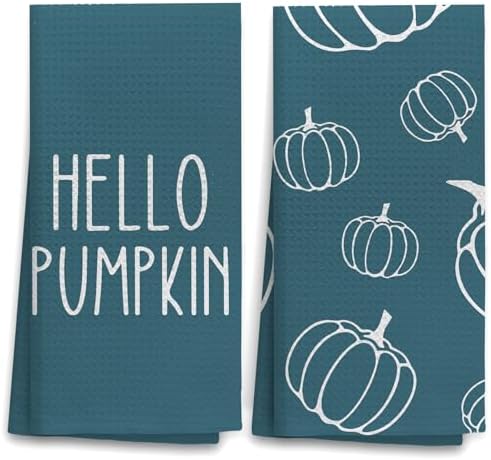 OHSUL Fall Kitchen Towels, Autumn Pumpkin Decor, Seasonal Hand Dish Towels, Bottle-Green Fall Decorations for Home, Bathroom Accent, Housewarming Gifts, Set of 2 by OHSUL