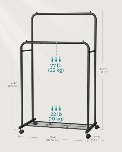 SONGMICS Double Rods Clothes Rack with Wheels, Clothing Rack for Hanging Clothes, Heavy Duty Garment Rack with Mesh Storage Shelf, 2 Brakes, Each Top Rail Holds up to 77 lb, Black UHSR26BKV1