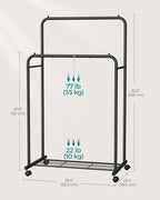SONGMICS Double Rods Clothes Rack with Wheels, Clothing Rack for Hanging Clothes, Heavy Duty Garment Rack with Mesh Storage Shelf, 2 Brakes, Each Top Rail Holds up to 77 lb, Black UHSR26BKV1