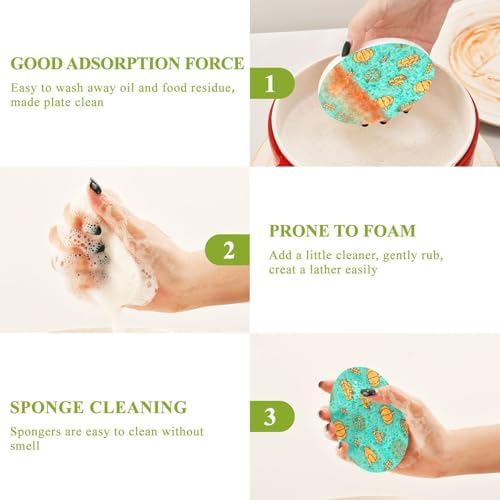 YETTASBIN Thanksgiving Pumpkin 3PCS Wood Pulp Scrub Sponges, Reusable Absorbent Household Cleaning Sponge Non-Scratch Kitchen Dish Sponges, Multi-Surface Safe Scrubber for Nonstick Pans, Pots - Image 4