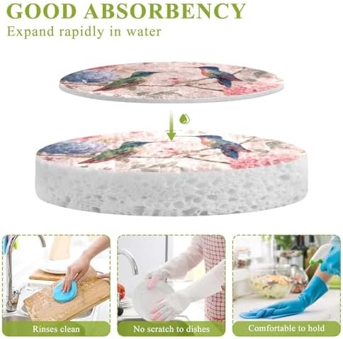 Dish Sponge 3Pcs Kitchen Sponges Non-Scratch Soft Expandable Washing Dishes Stain Odor Resistant Cellulose Sponges Packs for Dish Bathroom Household Watercolor Hummingbirds Hydrangeas - Image 3