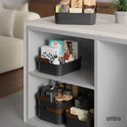 Umbra Bellwood Stackable Bin, 14" x 10" Durable Lightweight Container with Wooden Handle and Removable Dividers, Black/Walnut