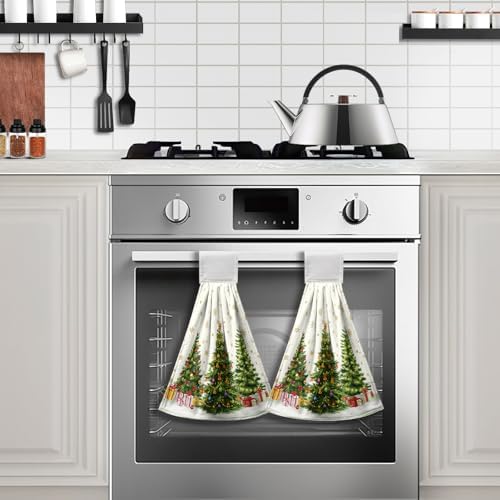 Xmas Tree Hanging Kitchen Towels Winter Holiday Hand Tie Towel Snowflakes Dish Towels with Loop Soft Absorbent Dishcloth for Bathroom Kitchen
