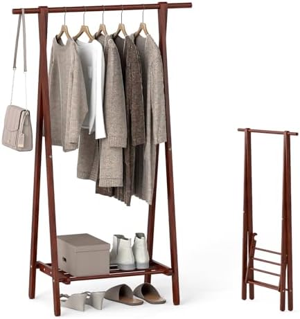 Tangkula Folding Rubber Wood Clothes Hanging Rack, Standing Garment Rack with Bottom Storage Shelf, Portable Clothing Organizer for Bedroom and Entryway (Walnut)