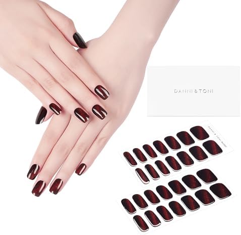 DANNI & TONI Semi Cured Gel Nail Strips Dark Red (Bonfire Night) Cat Eye Magnetic Gel Nail Wraps 28 Stickers