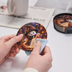 Halloween Ghost and Pumpkin Coasters with Holder Leather Coasters for Drinks Set of 6 Funny Halloween Drink Coasters Sets for Living Room Kitchen Coffee Bar Holiday Decor