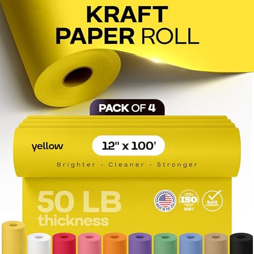 12" x 1200" (100 feet) Yellow Kraft Paper Roll, Pack of 4 - USA-Made Quality Craft Paper for Gift Wrapping, Kids Arts & Crafts, School Projects - 100% Recycled Natural, 50lb Thickness by IDL Packaging