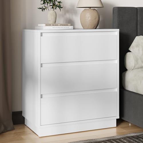 RoyalCraft White Nightstand with 3 Drawers Storage, Large Bedside Table