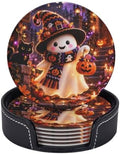 Halloween Ghost and Pumpkin Coasters with Holder Leather Coasters for Drinks Set of 6 Funny Halloween Drink Coasters Sets for Living Room Kitchen Coffee Bar Holiday Decor
