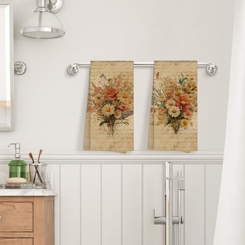 Vintage Floral Flower Kitchen Towels Decorative 16x24 Set of 2, Beige Fall Botanical Dish Towels Cloths Dishcloths Tea Towel Gifts, Autumn Wildflower Bouquet Bathroom Kitchen Hand Towel Decor - Image 4