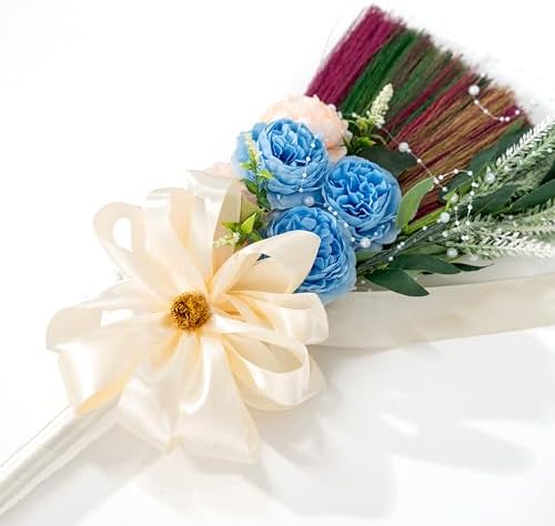 Elegant Wedding Brooms Bride Bridegroom, Jumping The Broom for Wedding, Natural Whisk Broom with Ribbons, Artificial Pearl, Leaves,Roses for Decorative