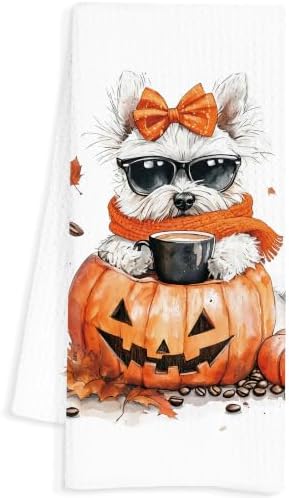 Halloween Pumpkin West Highland White Terrier Kitchen Towels, Westie Gifts, Fall Coffee Dog Dish Tea Towels for Kitchen, Fall Halloween Decorative Hand Towel for Bathroom, 16x24 Inch by Unknown