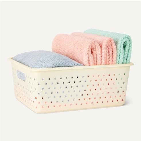 Amazon Basics Decorative BPA-Free Plastic Storage Baskets, 13.66 x 11.34 x 5.39 inches, Ivory, 4-Pack