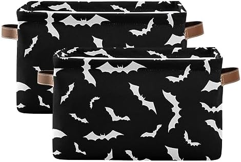 Halloween Black Bat Storage Basket Fabric Kitchen Baskets Spooky Happy Halloween Open Home Storage Bins Boxes Foldable Organizer Bag for Baby Cloth Pet Toy Book Shelf Closet Baskets 2 Pack 16×12×8
