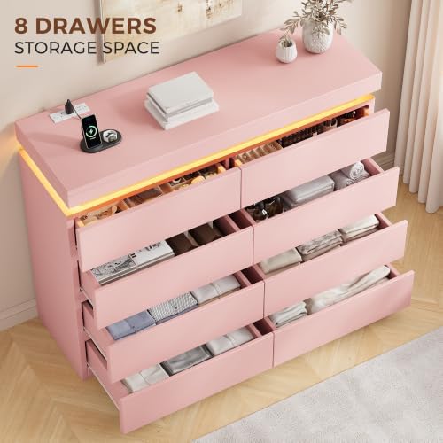 8 Drawer Dresser with LED Lights and Charging Station, Modern Pink Dresser