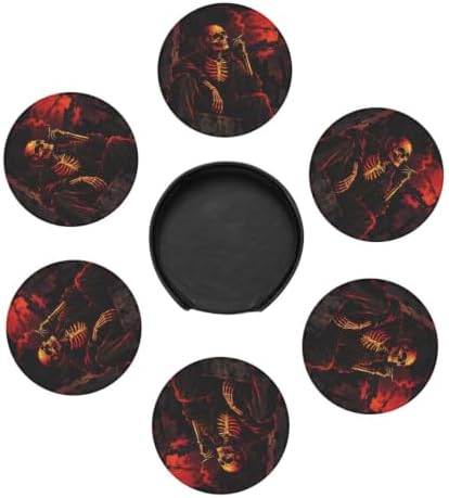 Halloween Skeleton Coasters with Holder Leather Coasters for Drinks Set of 6 Funny Halloween Drink Coasters Sets for Living Room Kitchen Coffee Bar Holiday Decor