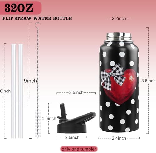 Insulated Valentines Day Water Bottle 32 oz, Valentine Heart Water Bottle with Straw, Reusable Leakproof Stainless Steel Valentines Tumbler, Valentines Day Gifts for Her
