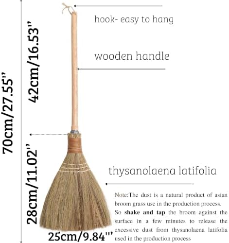 Small Natural Whisk Sweeping Hand Handle Broom - Vietnamese Straw Soft Broom for Cleaning - Decoration Items - Indoor - Outdoor - 9.84'' Width, 27.55" Length