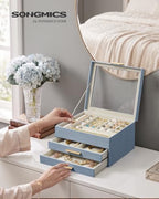 SONGMICS Jewelry Box with Glass Lid, 3-Layer, 2 Drawers