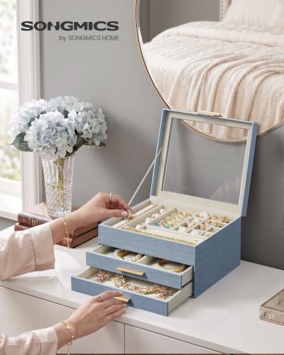 SONGMICS Jewelry Box with Glass Lid, 3-Layer, 2 Drawers