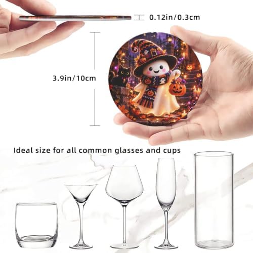 Halloween Ghost and Pumpkin Coasters with Holder Leather Coasters for Drinks Set of 6 Funny Halloween Drink Coasters Sets for Living Room Kitchen Coffee Bar Holiday Decor