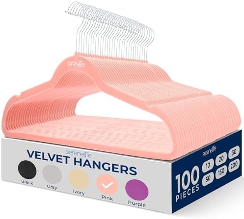 SereneLife Velvet Hangers – 100 Pack, Slim & Space Saving for Closets