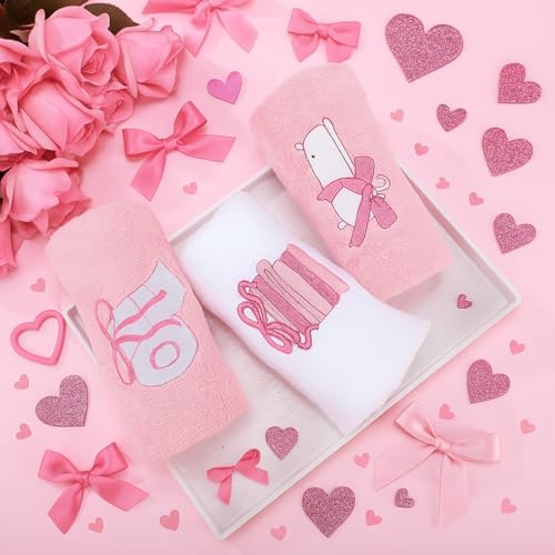Breling 3 Pcs Bow Towels for Bathroom,Pink Bowknot Kitchen Hand Towels
