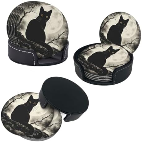 Halloween Black Cat Coasters with Holder Leather Coasters for Drinks Set of 6 Funny Halloween Drink Coasters Sets for Living Room Kitchen Coffee Bar Holiday Decor