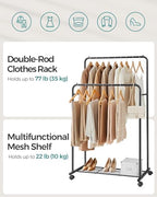 SONGMICS Double Rods Clothes Rack with Wheels, Clothing Rack for Hanging Clothes, Heavy Duty Garment Rack with Mesh Storage Shelf, 2 Brakes, Each Top Rail Holds up to 77 lb, Black UHSR26BKV1