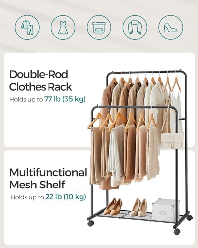 SONGMICS Double Rods Clothes Rack with Wheels, Clothing Rack for Hanging Clothes, Heavy Duty Garment Rack with Mesh Storage Shelf, 2 Brakes, Each Top Rail Holds up to 77 lb, Black UHSR26BKV1