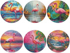 Flamingo Coasters Leather Round Drink Coasters 6 Pcs Set with Holderor for Cup Drink Coffee Table Bar Home Decor