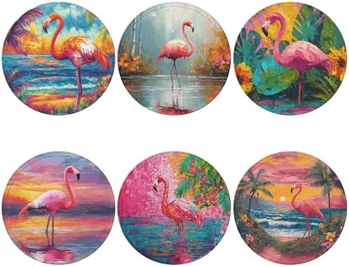 Flamingo Coasters Leather Round Drink Coasters 6 Pcs Set with Holderor for Cup Drink Coffee Table Bar Home Decor