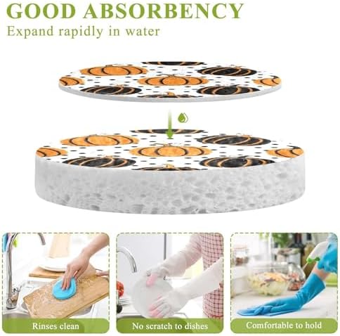 Pumpkin Black Polka Dish Scrub Sponges Kitchen Halloween Non Scratch Reusable Compressed Cellulose Sponge Hanging for Household Cleaning Washing Dishes Pots and Pans 3 Pack - Image 3