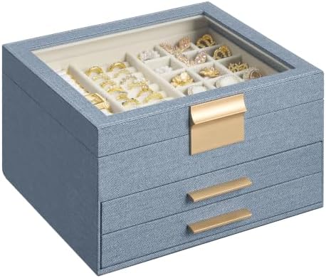 SONGMICS Jewelry Box with Glass Lid, 3-Layer, 2 Drawers