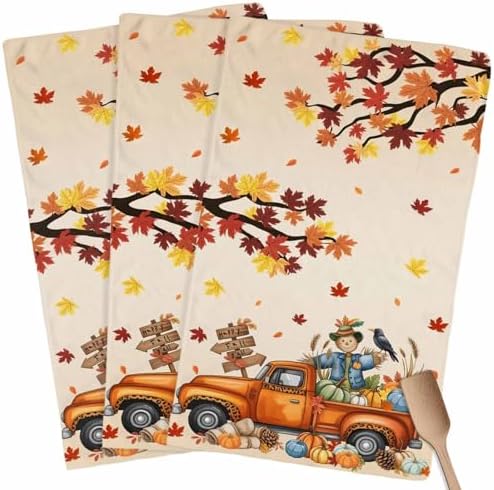 Happy Fall Kitchen Towels, Absorbent Microfiber Kitchen Dish Hand Tea Bath Towel, Thanksgiving Truck Pumpkin Leaf Scarecrows Quick Dry Cleaning Cloth Dishclothes Decorative Sets, (3-PC, 18x28) by ZOE+GARDEN