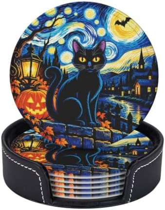 Halloween Pumpkin and Black Cat Coasters with Holder Leather Coasters for Drinks Set of 6 Funny Halloween Drink Coasters Sets for Living Room Kitchen Coffee Bar Holiday Decor