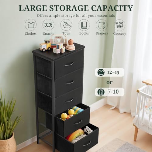 5 Drawers Dresser for Bedroom Fabric Storage Tower with Wooden Top